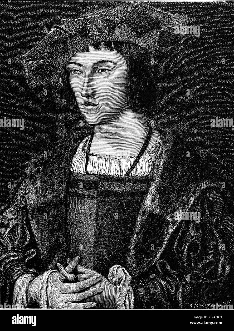 Karl VIII., 30.6.1470 - 7.4.1498, König von Frankreich 30.8.1483 - 7.4.1498, halbe Länge, Holzgravur, 19. Jahrhundert, Stockfoto