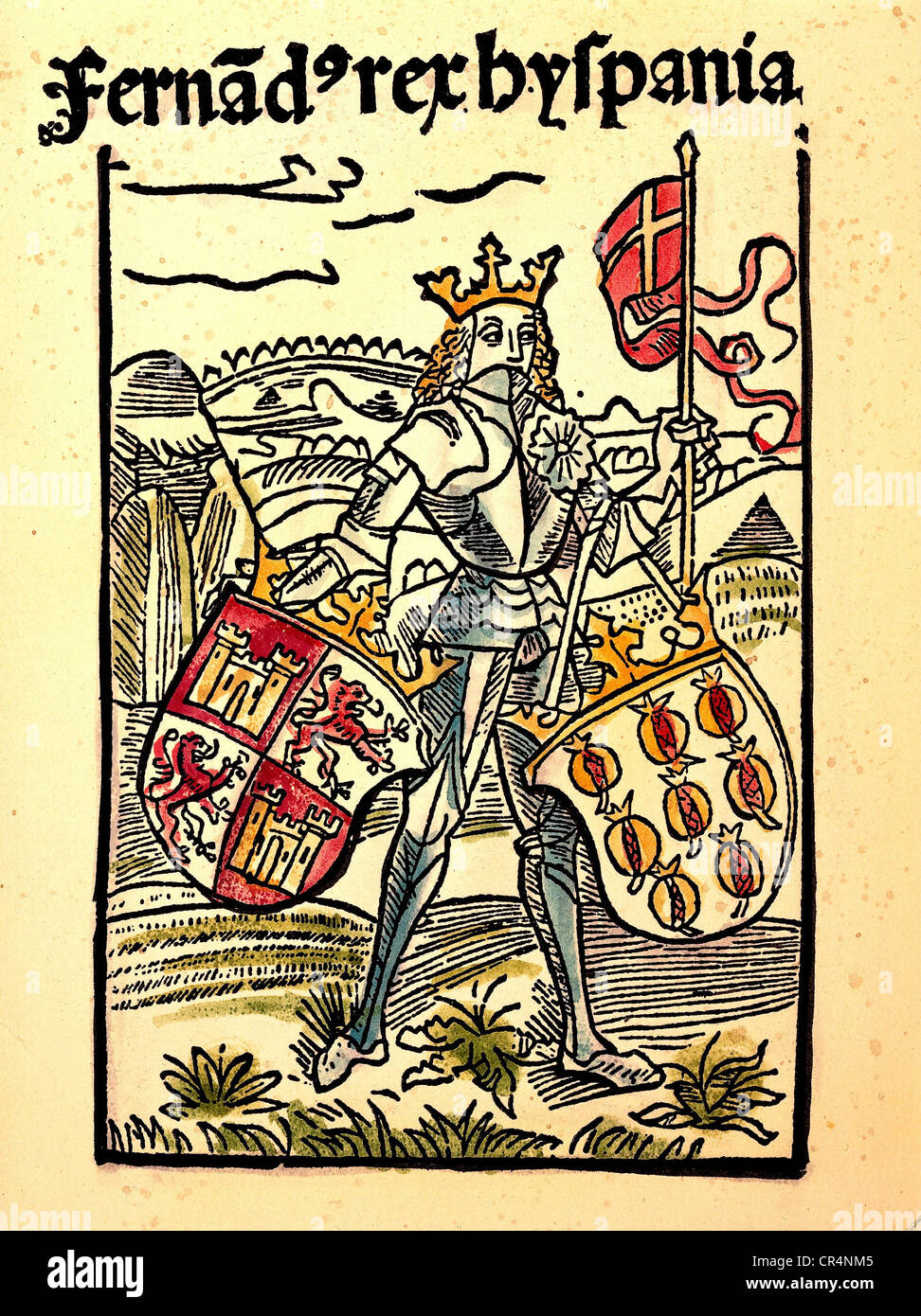 Ferdinand II., 10.3.1452 - 23.1.1516, König von Aragonien, volle Länge, nicht von Michael Furter, nach Holzschnitt von Haintz Narr, Basel, ca. 1500, Privatsammlung, Stockfoto