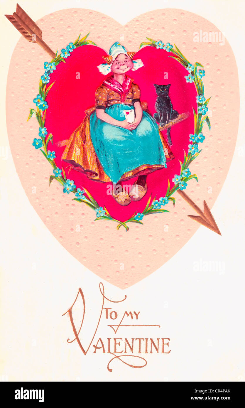 Zu My Valentine - Vintage Karte zum Valentinstag mit Herz, Pfeil und lächelnde Frau Stockfoto