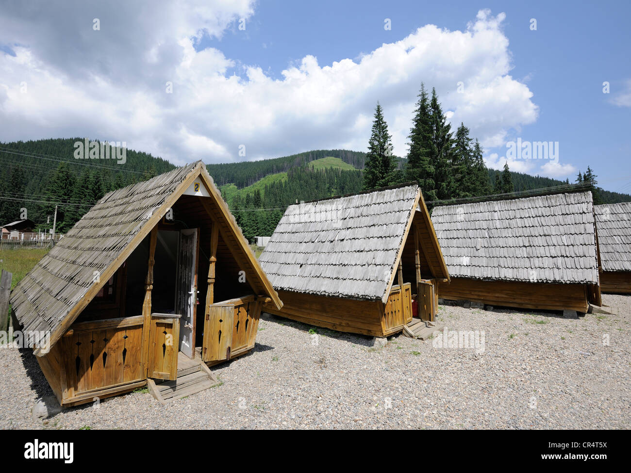 Kleine Hütten, Camping, Hütten, obarsia lotrului Straße, transalpina Dn 67 c Mountain Road, Rumänien, Europa Stockfoto