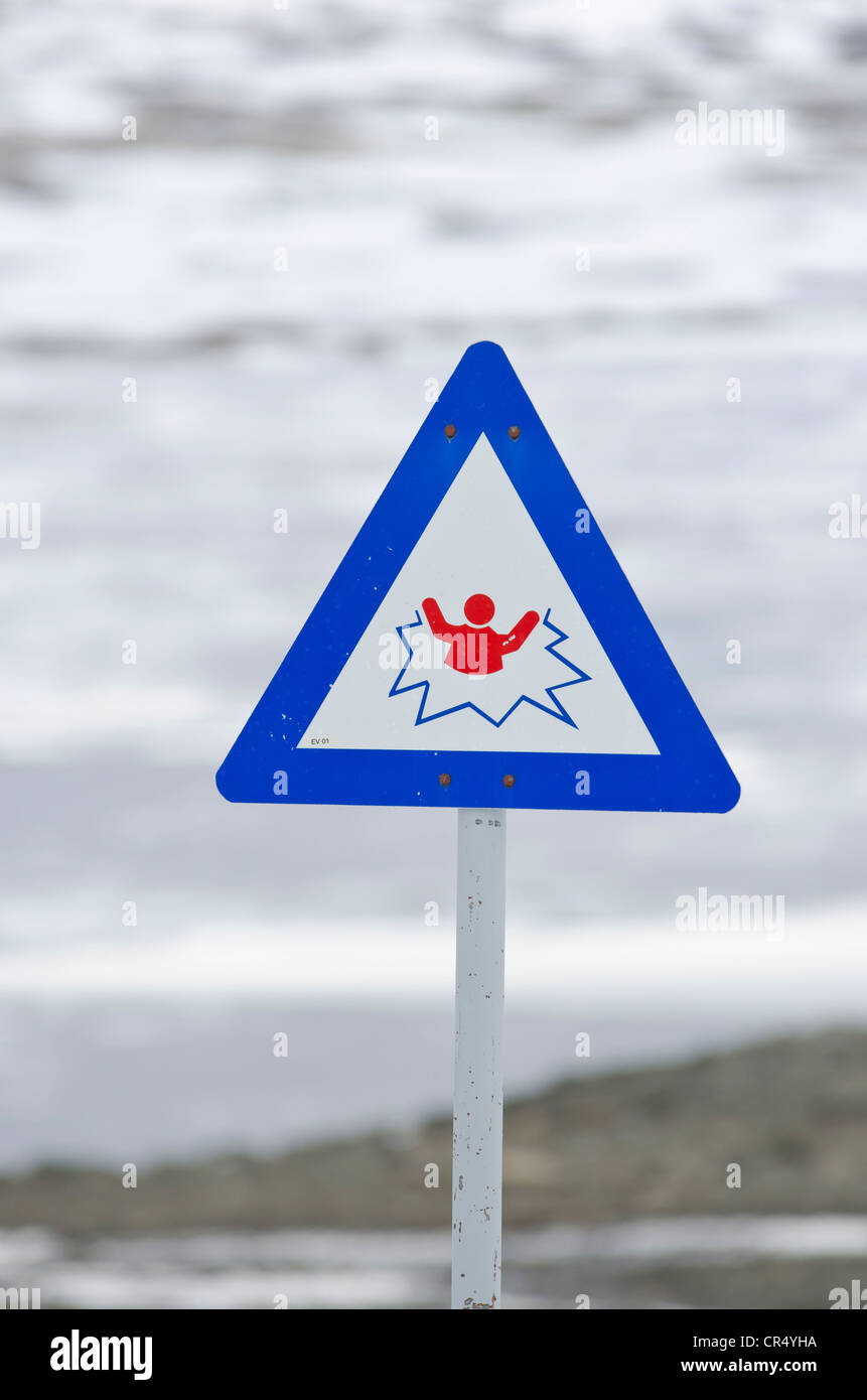 Achtung Gefahr zu brechen das Eis, Warnschild, Norwegen, Skandinavien, Nordeuropa Stockfoto