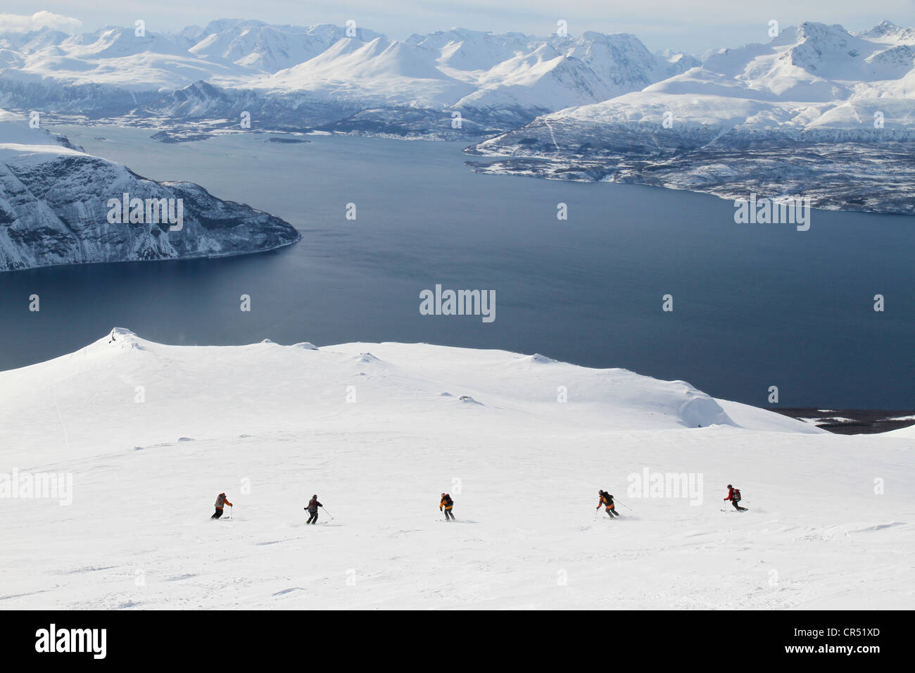 Ski Touring Gruppe geht bergab, Schnee, Fjord, Lyngenalps, Norwegen, Europa Stockfoto