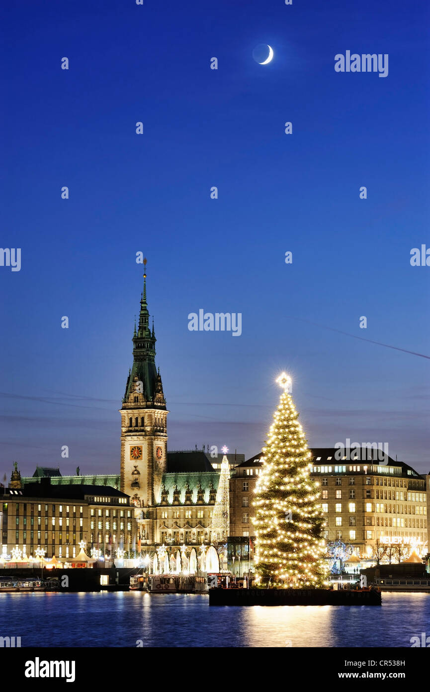 Binnenalster oder inneren Alster See zur Weihnachtszeit mit Alster Tanne Baum und City Hall, Hamburg, Deutschland, Europa Stockfoto