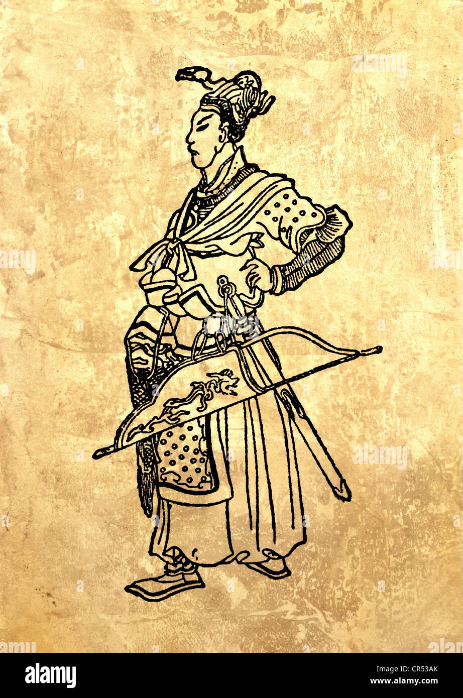 Batu Khan, ca. 1205 - 1255, Khan der Goldenen Horde 1241 - 1250, volle Länge, Zeichnung auf der Grundlage einer chinesischen Miniatur, Museum für Geschichte Moskau, Stockfoto