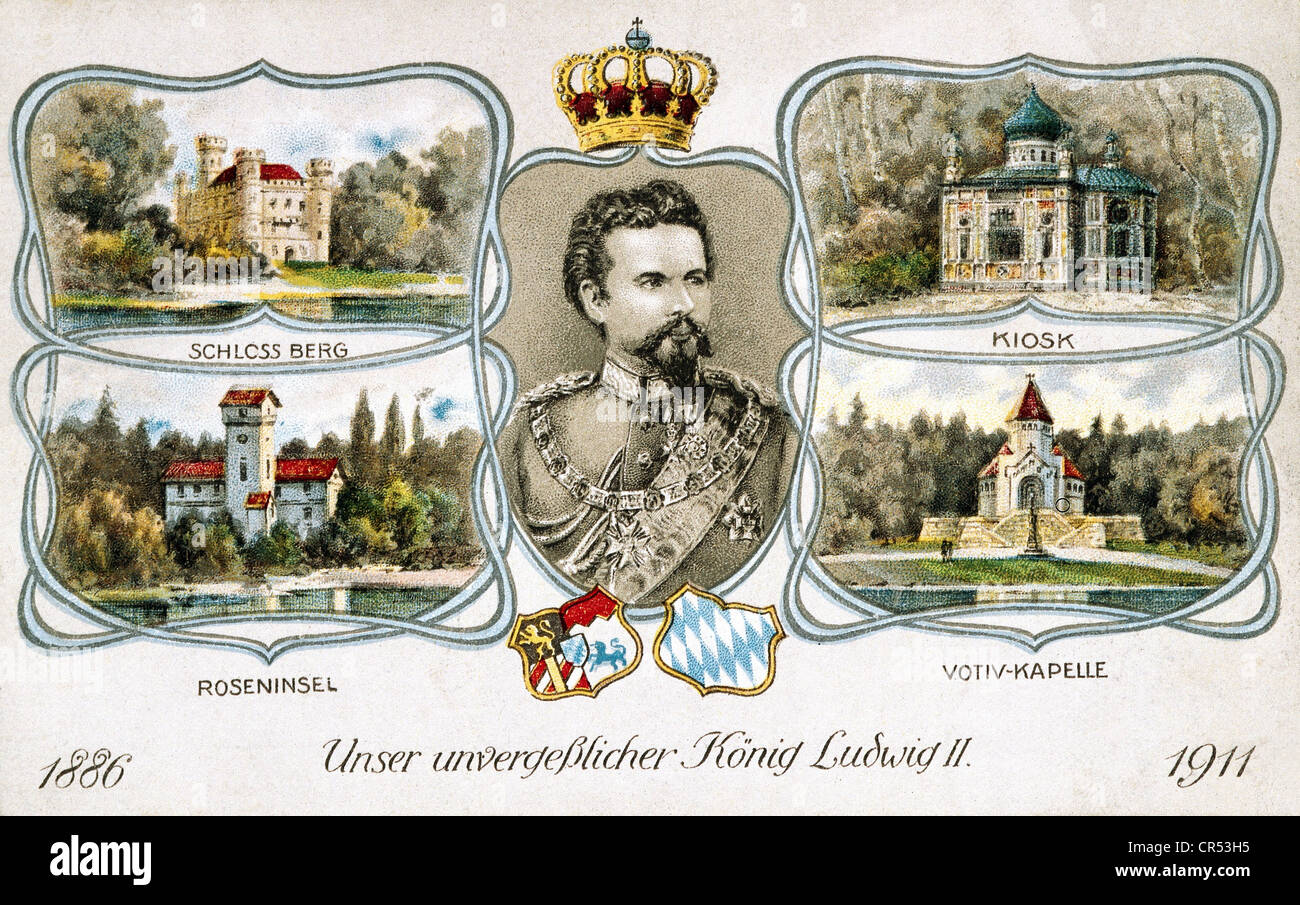 Louis II., 25.8.1845 - 13.6.1886, König Bayern 10.3.1864 - 13.6.1886, Porträt und Gebäude, Postkarte, 1911, Stockfoto