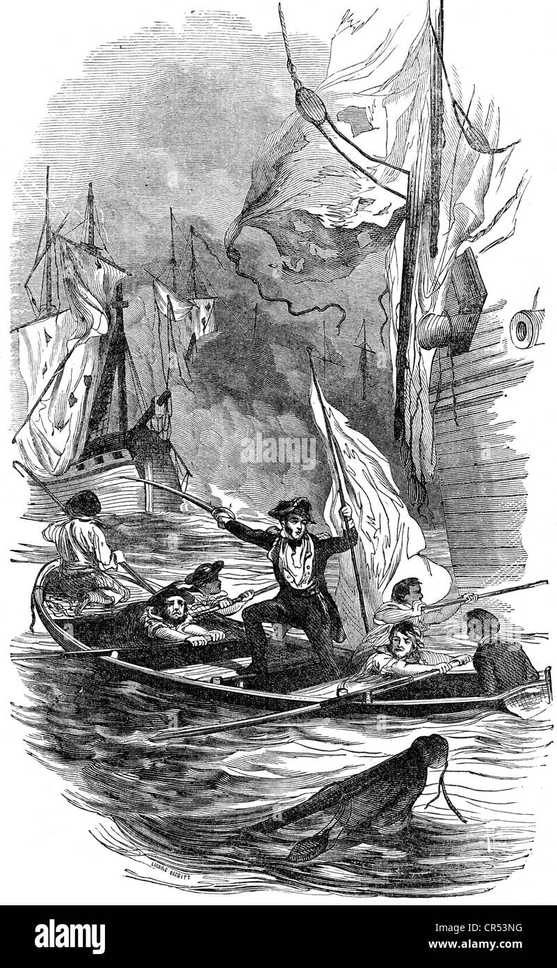 Perry, Oliver Hazard, 23.8.810 - 23.8.1819, US-amerikanischer Marineoffizier auf halber Länge, in der Schlacht am Eriesee 10.9.1813, Wechsel vom Schiff USS Lawrence zur USS Niagara, Historiengemälde, Holzgravur von Lossing & Barrett, ca. 1860, Stockfoto