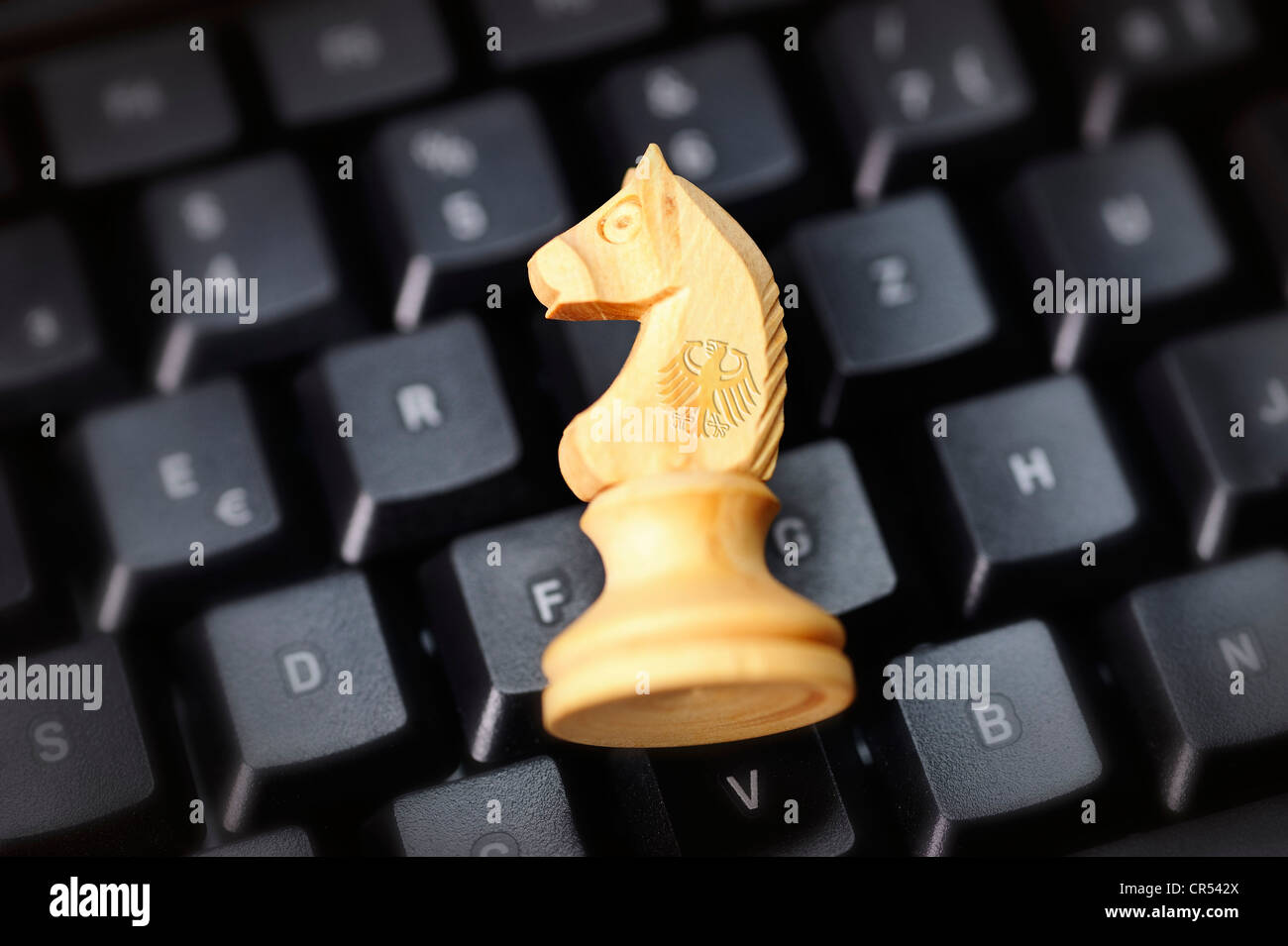 Ritter-Schachfigur auf einer Computertastatur, symbolisches Bild für die Bundes-Trojaner Stockfoto