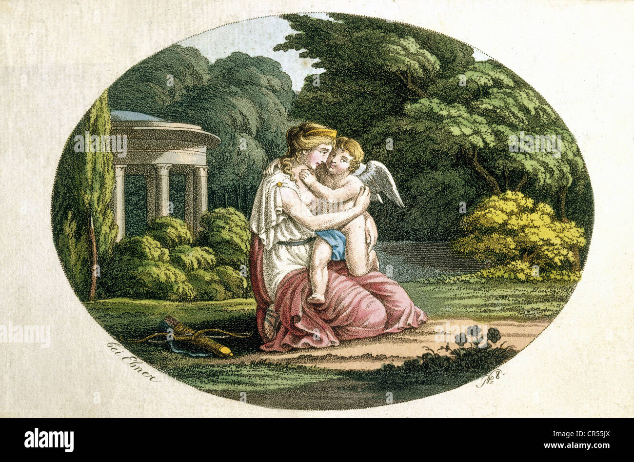 Venus, liebe- und Schönheitsgöttin, halbe Länge, 'Kleine Venus und Cupid', Illustration, Gravur, farbig, ca. um 1840, Stuttgart, Deutschland, Privatsammlung, Stockfoto