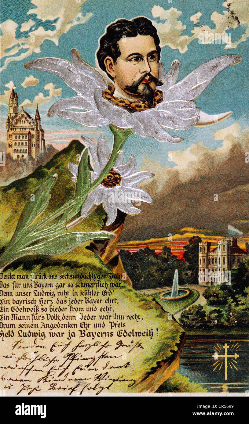 Louis II., 25.8.1845 - 13.6.1886, König Bayern 10.3.1864 - 13.6.1886, Porträt zwischen Neuschwanstein und den Burgen Berg, Postkarte, Ende des 19. Jahrhunderts, Stockfoto