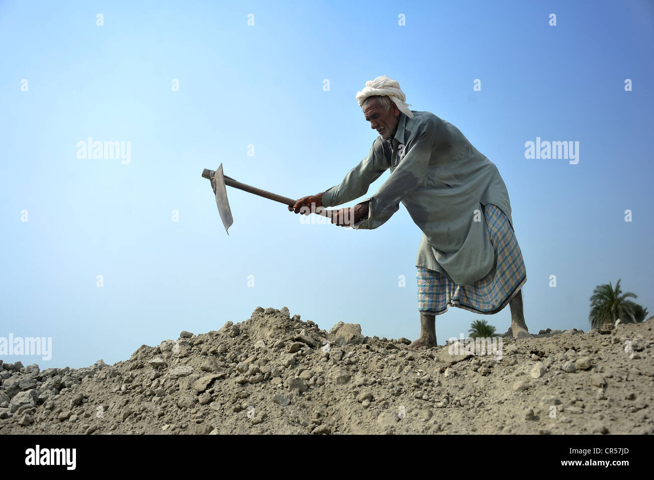 Alter Mann graben ein Fischteich, Basti Lehar Walla Dorf, Punjab, Pakistan, Asien Stockfoto