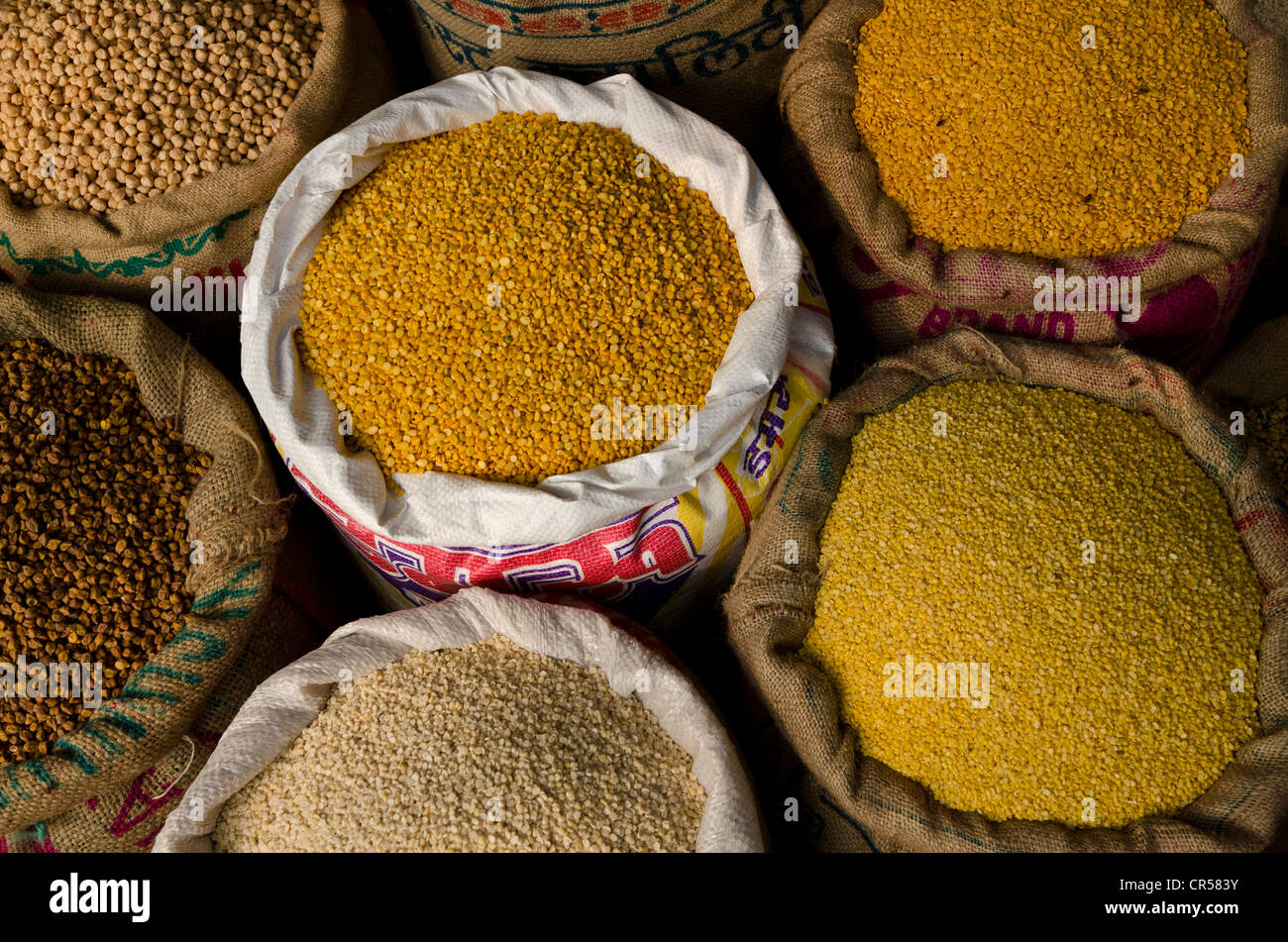 Moong Dhal, Urid Dhal und andere Arten von Linsen für den Verkauf auf dem Markt im Stadtteil Paharganj, Neu Delhi, Indien, Asien Stockfoto