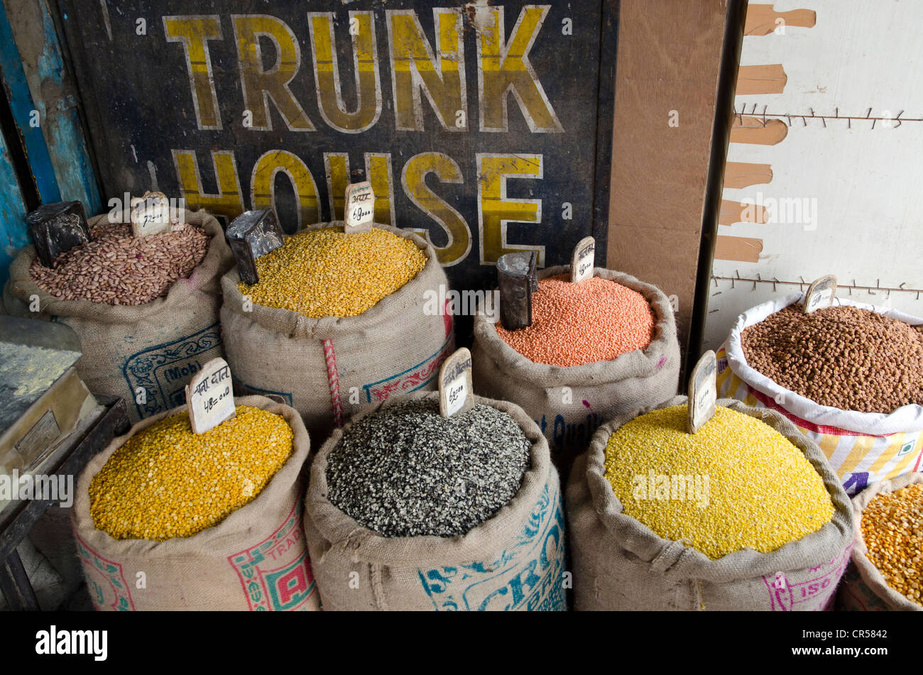 Moong Dhal, Urid Dhal und andere Arten von Linsen für den Verkauf auf dem Markt im Stadtteil Paharganj, Neu Delhi, Indien, Asien Stockfoto