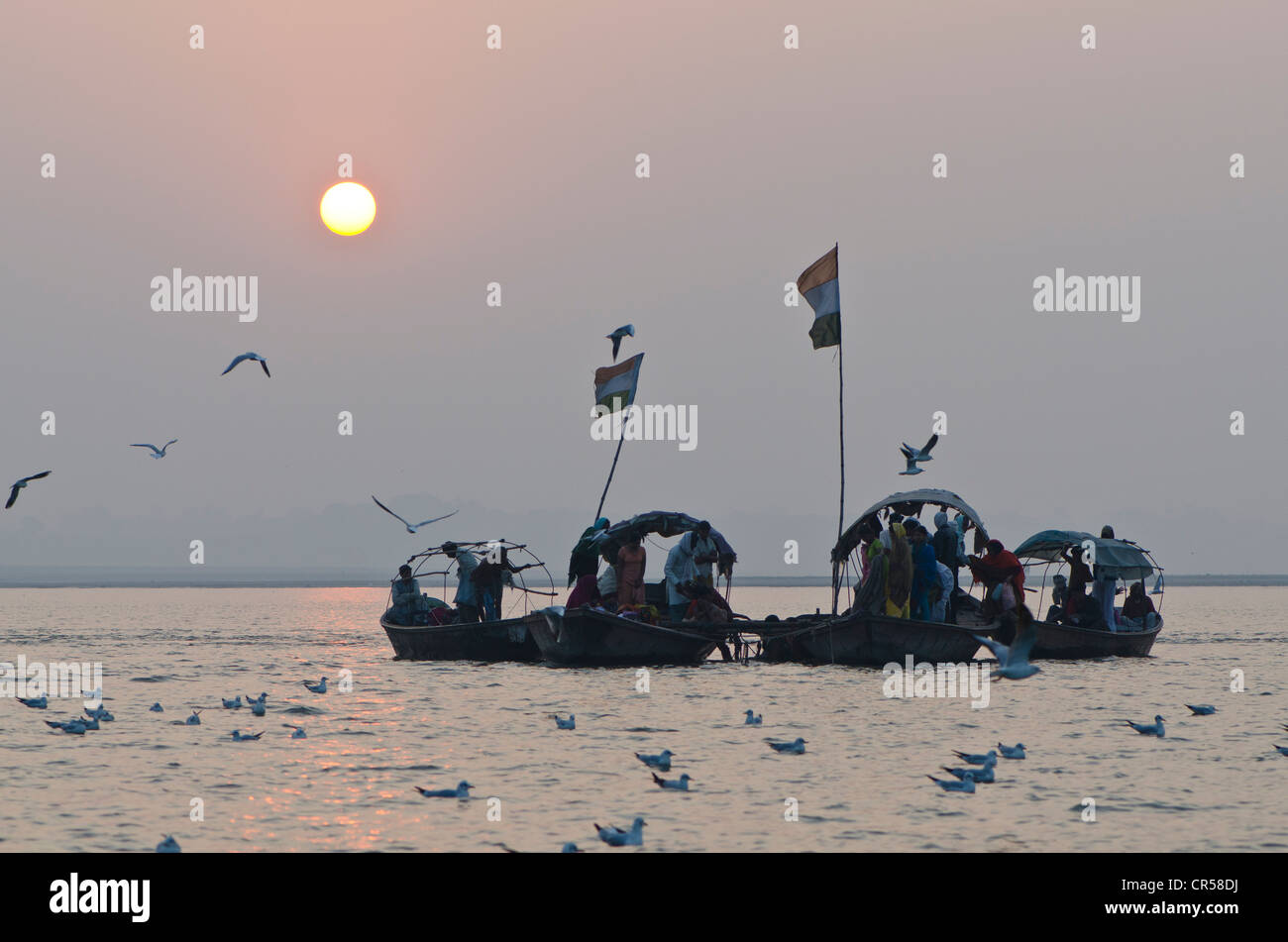 Schiffe mit Pilgern am Sangam, dem Zusammenfluss der heiligen Flüsse Ganges und Yamuna Saraswati, in Indien, Asien Stockfoto