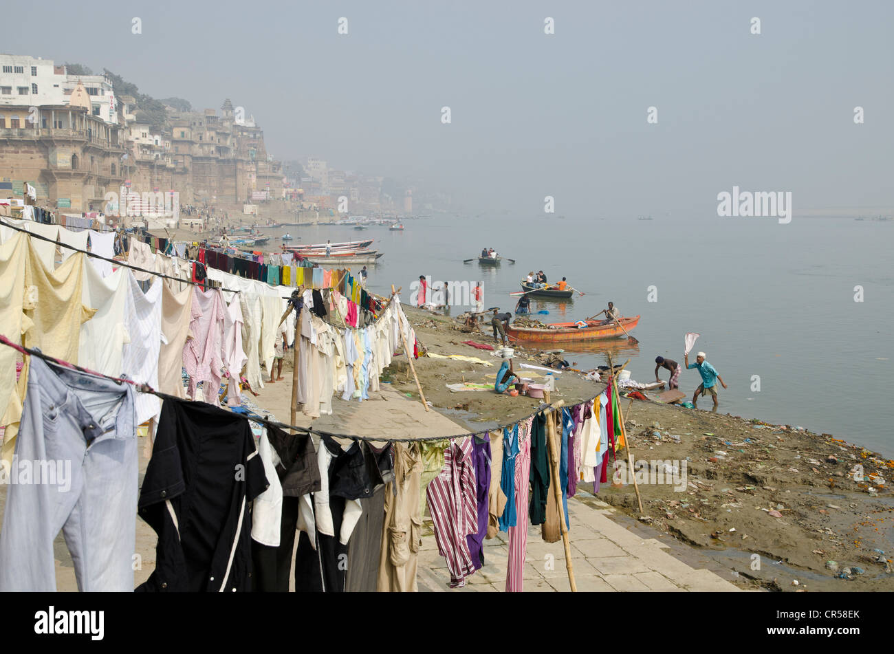 Dhobi Walas, Menschen in die Wäsche werfen, Wäsche an den Ghats entlang den heiligen Fluss Ganges, Indien, Asien Stockfoto