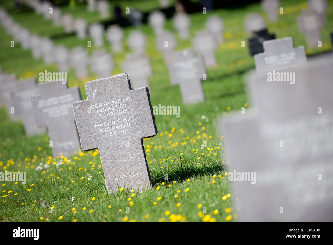 Grabstein auf einem deutschen WW1-Friedhof an der Somme, Frankreich Stockfoto