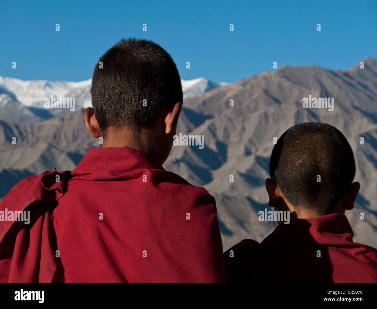 Zwei junge Mönche Blick über den Indus vom Dach des Thikse Gompa, Thikse, Jammu und Kaschmir, Indien, Asien Stockfoto