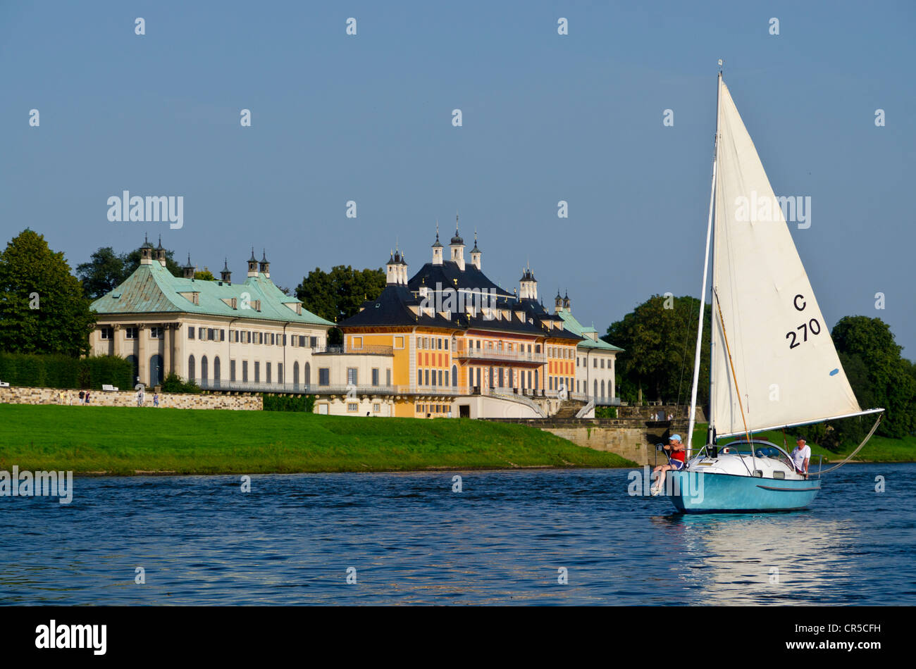 Ein Segelboot vor dem Schloss Pillnitz Schloss, auf dem Fluss Elbe, Dresden, Sachsen, Deutschland, Europa Stockfoto