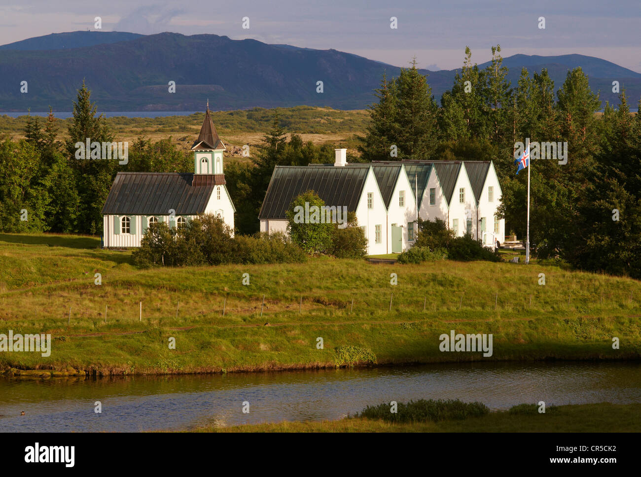 Island, Sudurnes Region, Thingvellir National Park, UNESCO-Welterbe, das ehemalige Parlament (Althing) und Kirche Stockfoto