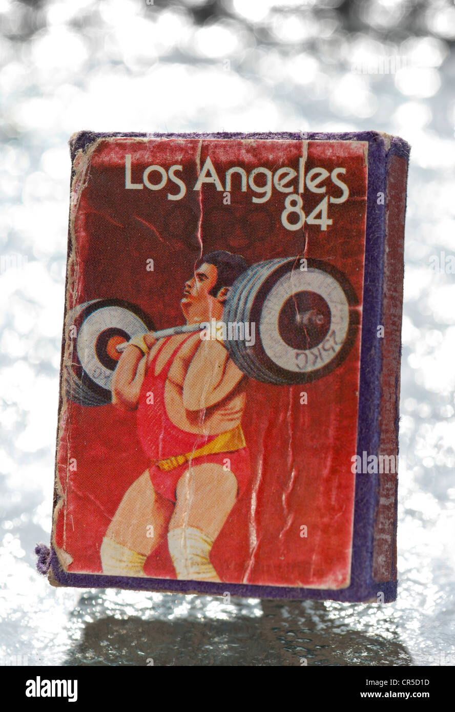 Streichholzschachtel von den Olympischen Spielen in Los Angeles, 1984. Stockfoto