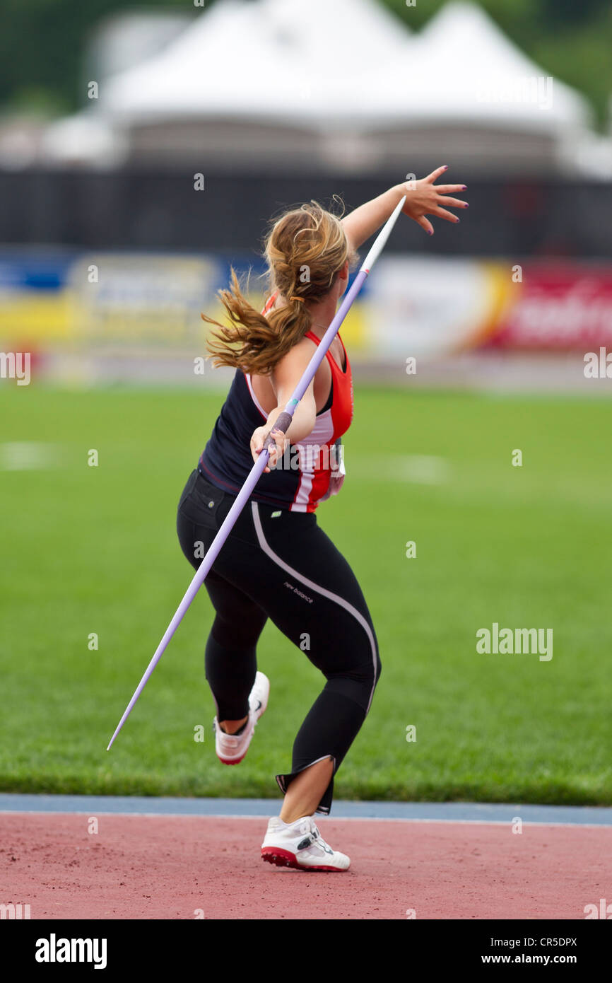 Kara Patterson (USA) im Wettbewerb mit der Speerwurf auf dem 2012 NYC Grand Prix, Icahn Stadium, Randall Island, New York Stockfoto