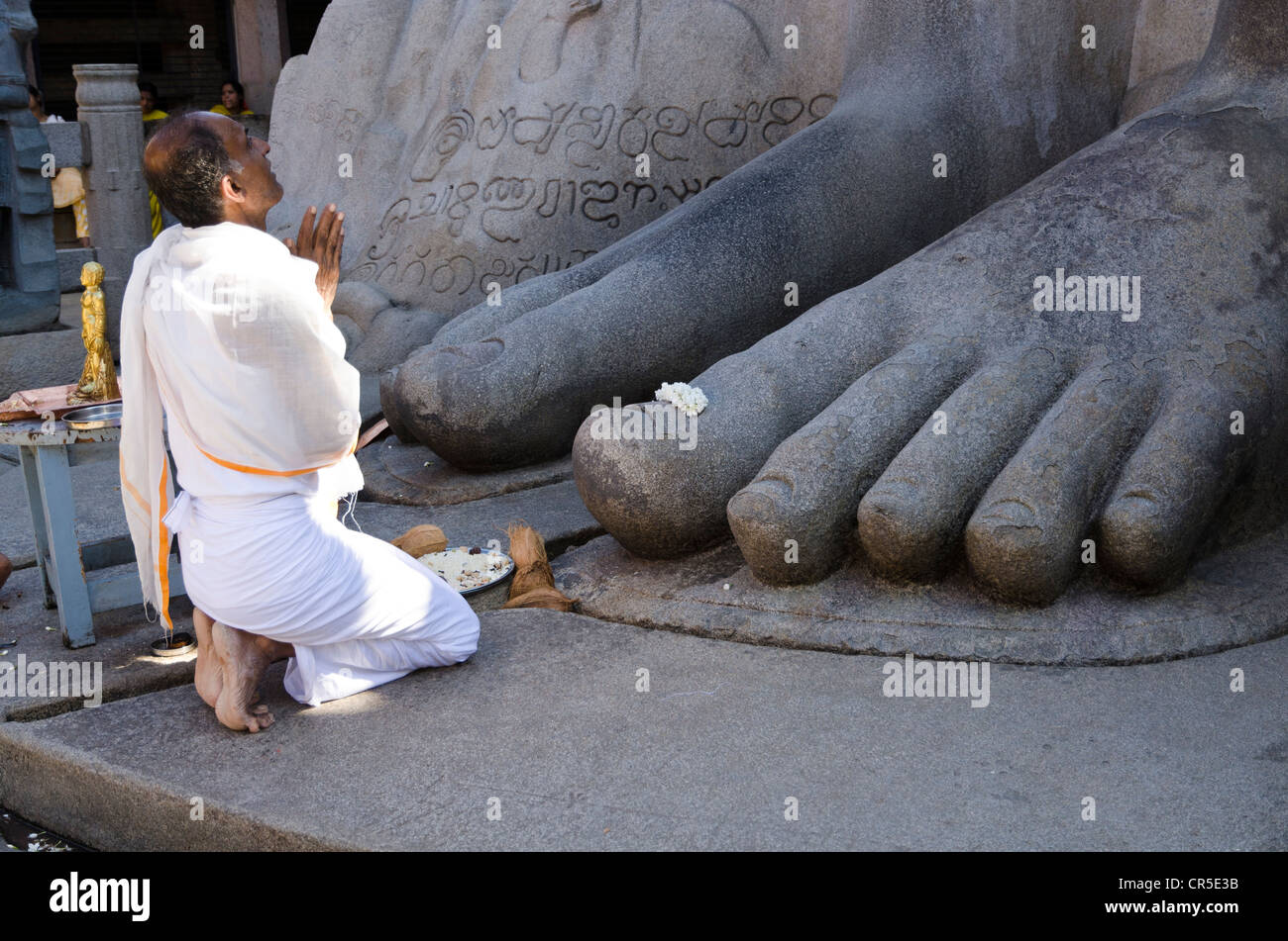Ortspfarrer tut seine Gebete vor der riesigen Statue von Gomateshwara, Sravanabelagola, Karnataka, Indien, Asien Stockfoto