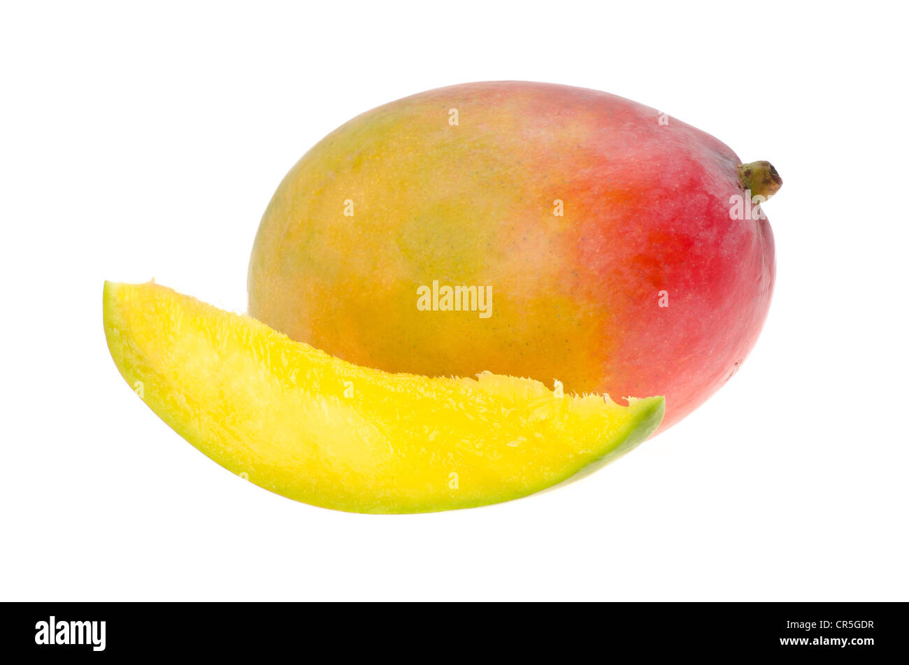 Frische Mango-Frucht mit einer Scheibe von Mango. Studio mit einem weißen Hintergrund gedreht. Stockfoto