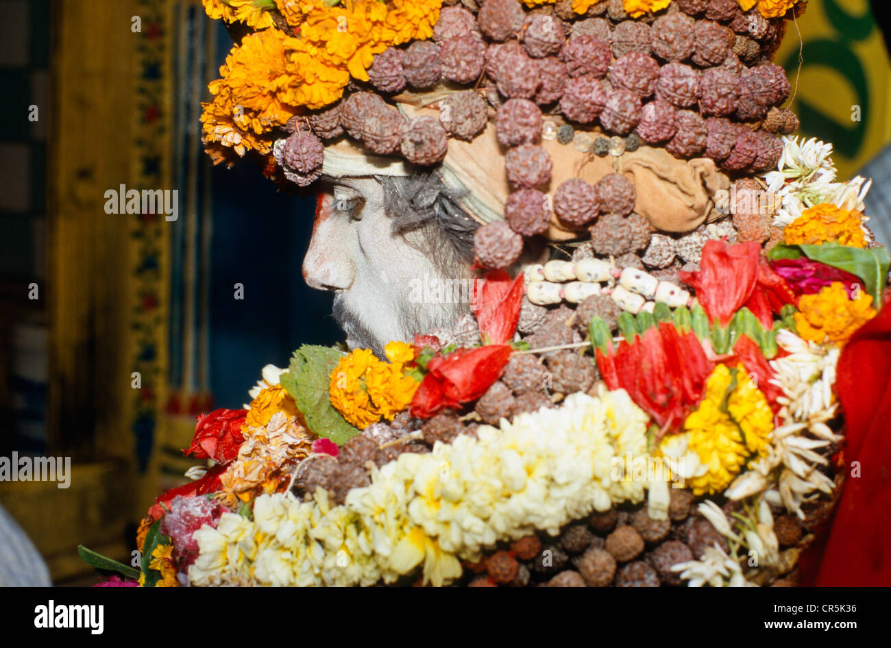Sadhu mit Dekoration, Teilnehmer in der archaischen angelockt Prozession, Varanasi, Uttar Pradesh, Indien, Asien Stockfoto
