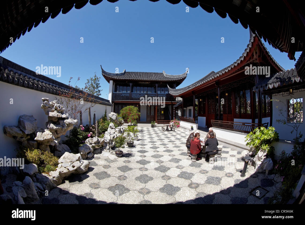 Innenhof, Pavillion und Funktion Zentrum, chinesische Gärten, Dunedin, Otago, Südinsel, Neuseeland Stockfoto