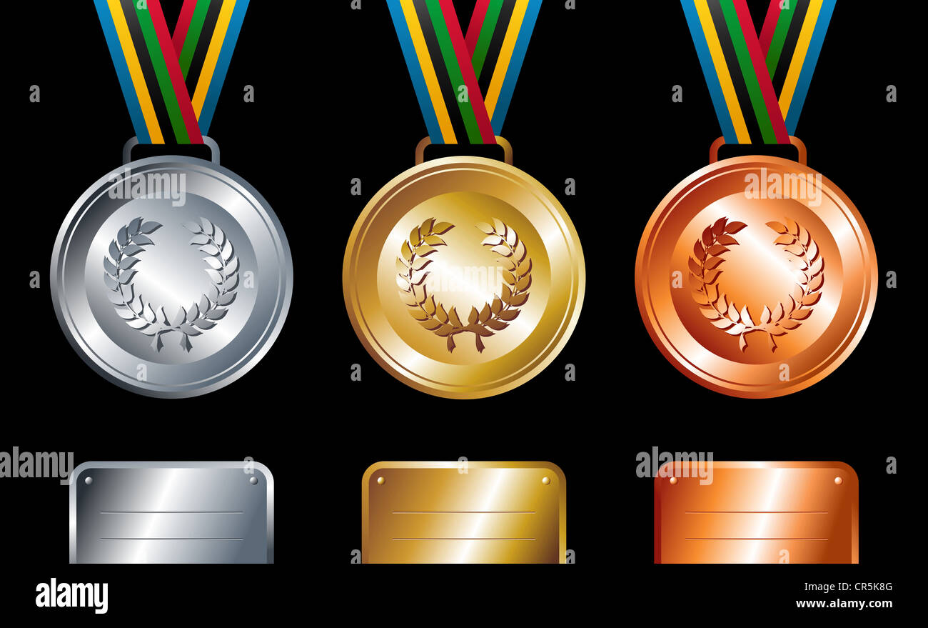 Sport Gold, silberne und Bronze Medaillen mit Menübandelemente legen Hintergrund. Vektor-Datei geschichtet für einfache Handhabung und Anpassung. Stockfoto