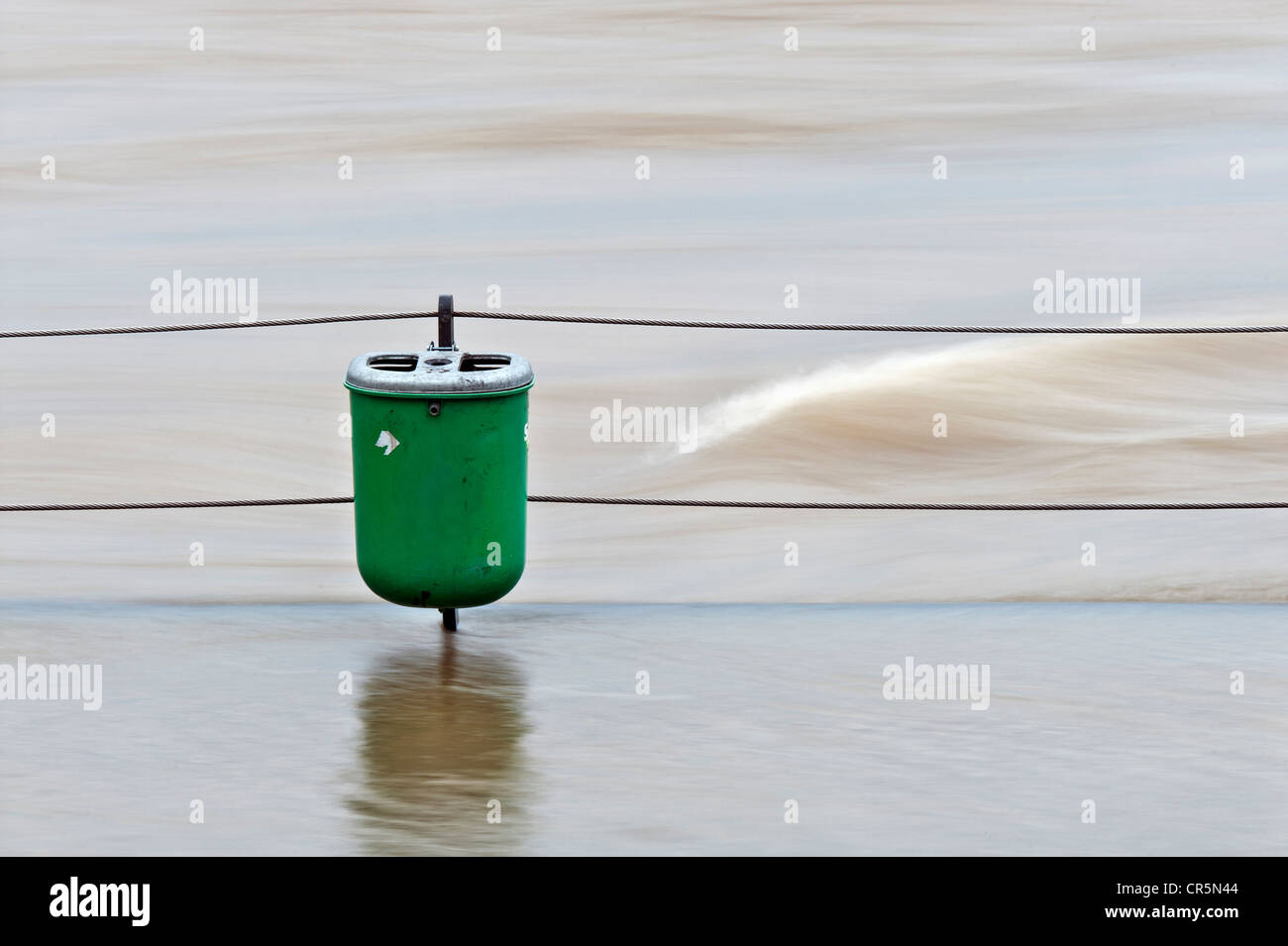 Grüne Abfallbehälter auf dem Rhein bei Hochwasser, Düsseldorf, Nordrhein-Westfalen, Deutschland, Europa Stockfoto