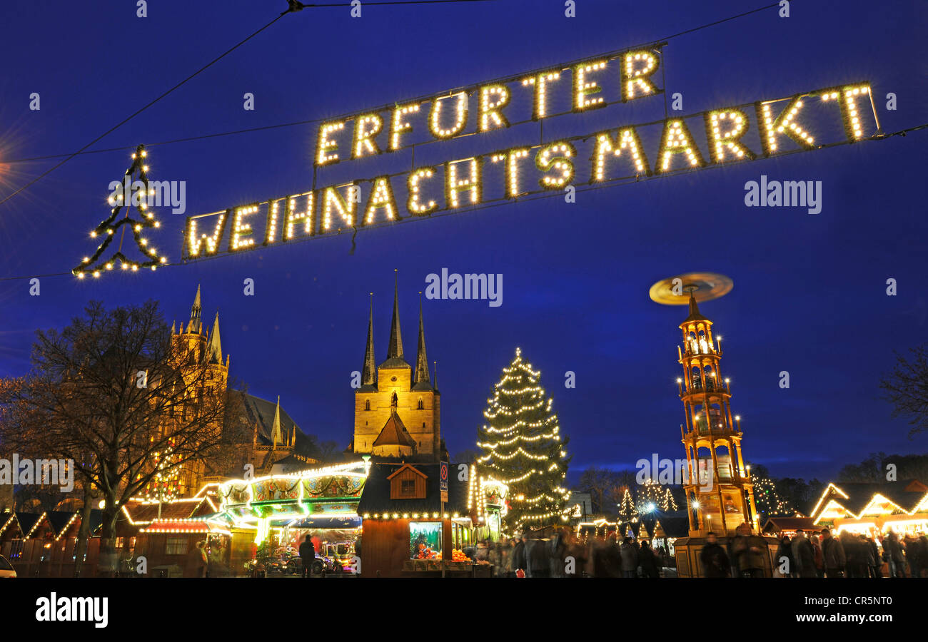 Schriftzug "Erfurter Weihnachtsmarkt", Deutsch für "Weihnachtsmarkt in Erfurt", Erfurt, Thüringen, Deutschland, Europa Stockfoto