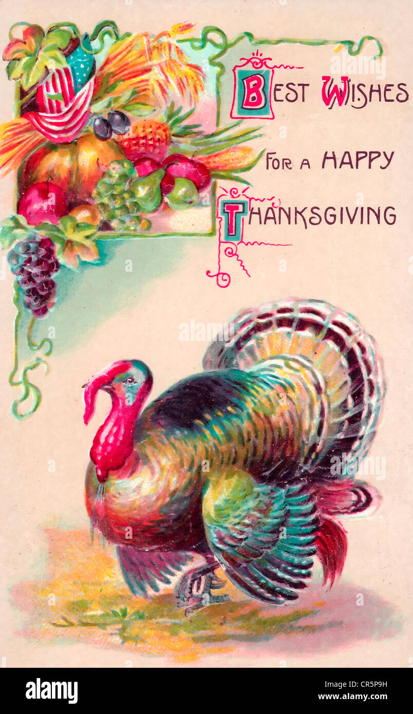 Die besten Wünsche für ein Happy Thanksgiving - bunte Vintage-Karte Stockfoto