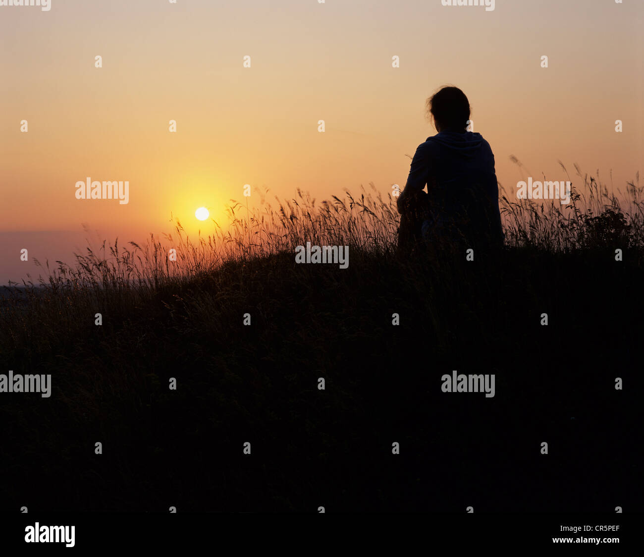 Silhouette einer jungen Frau sitzen und beobachten das Sonnenuntergang, Thüringen, Deutschland, Europa Stockfoto