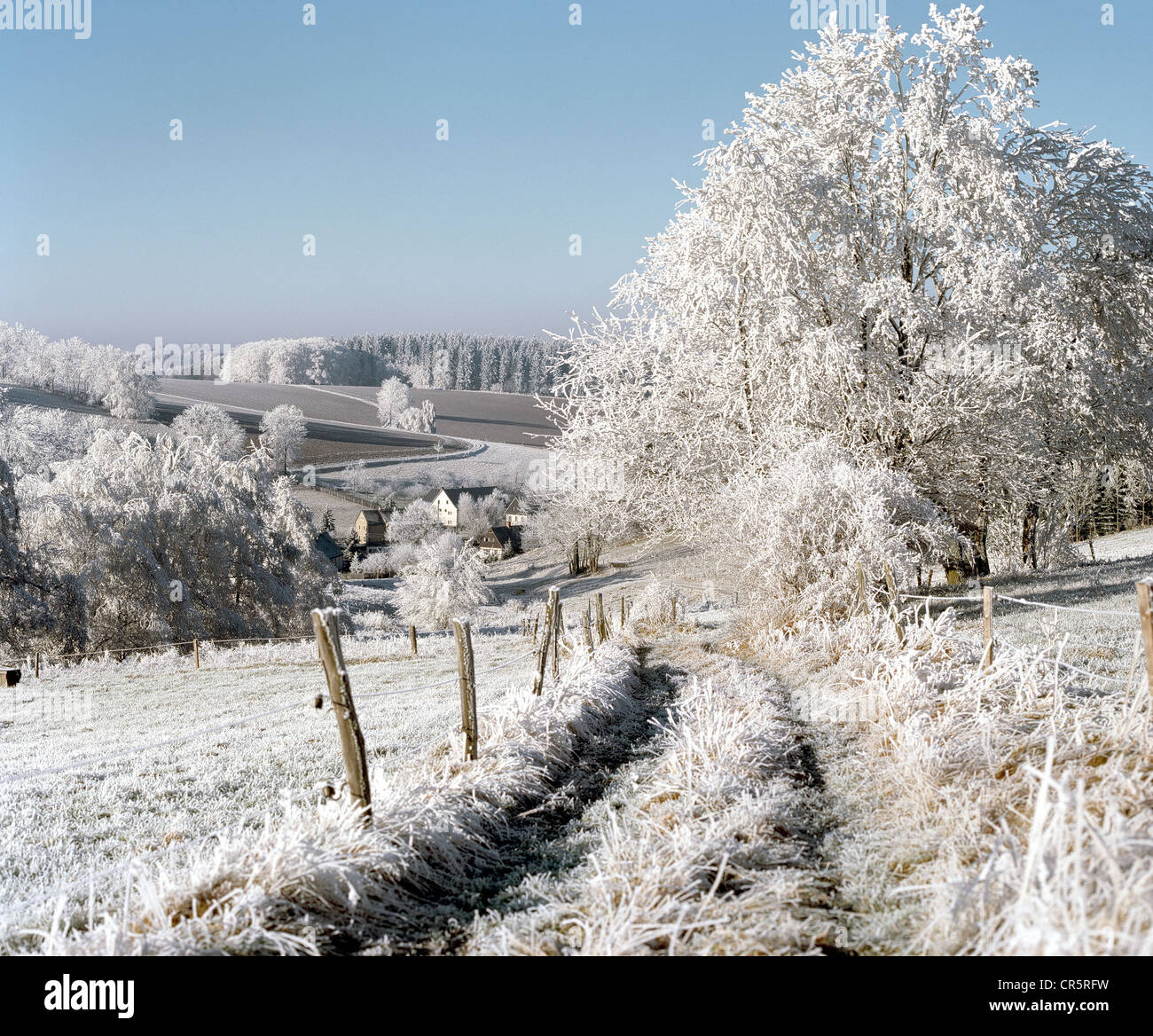Winter mit Rauhreif im Erzgebirge, Weg mit Blick auf Hartmannsdorf, Sachsen, Deutschland, Europa Stockfoto
