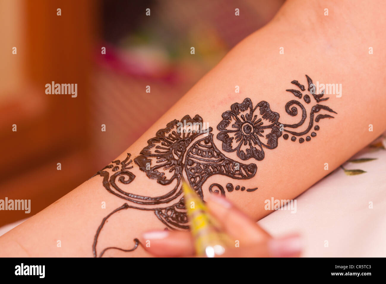 Anwendung von traditionellen Henna Muster auf indische Braut arm Stockfoto