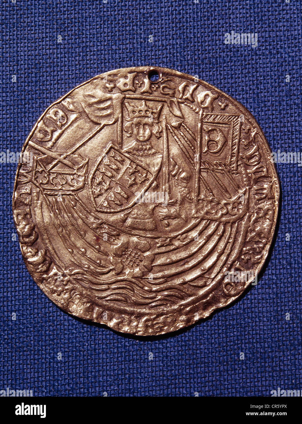 Edward III., 13.11.1312 - 21.6.1377, König von England England 25.1.1327 - 21.6.1377, halbe Länge, Münzbild, Goldmünze, Noble 1344, in Erinnerung an den Sieg in der Seeschlacht von Sluys 1340, Stockfoto