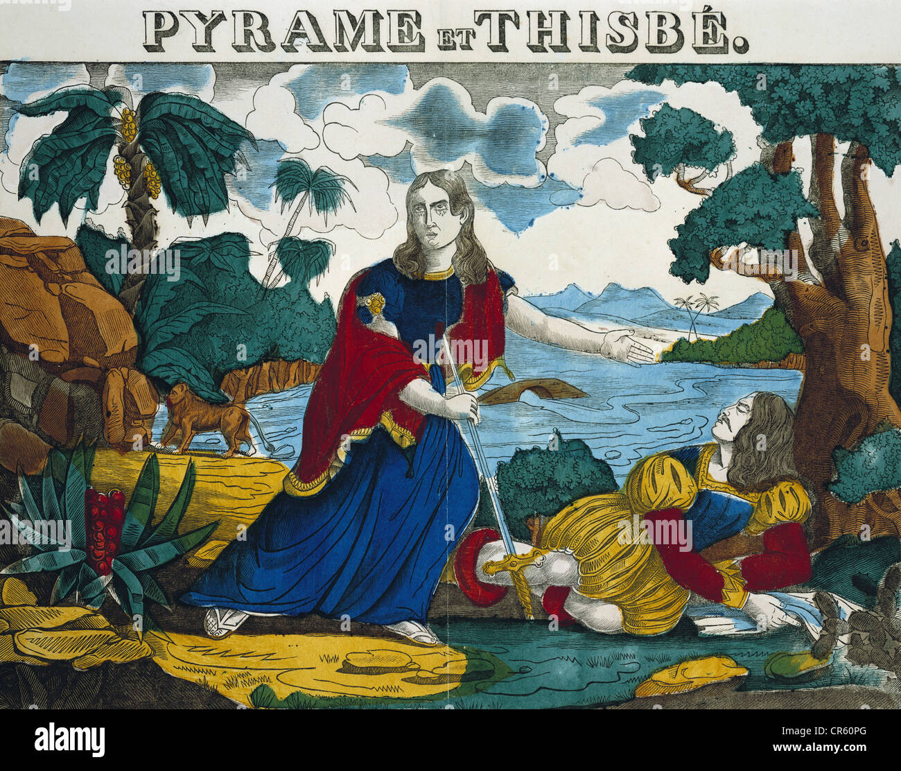 Ovid (Publius Ovidius Naso), 43 v. Chr. - 17 n. Chr., römischer Autor/Schriftsteller, Werke, 'Metamorphosen', 'Pyramus und Thisbe', farbiger Holzschnitt, Dembour et Gangel, Metz, 1840/1852, Sammlung Metken, München, Stockfoto