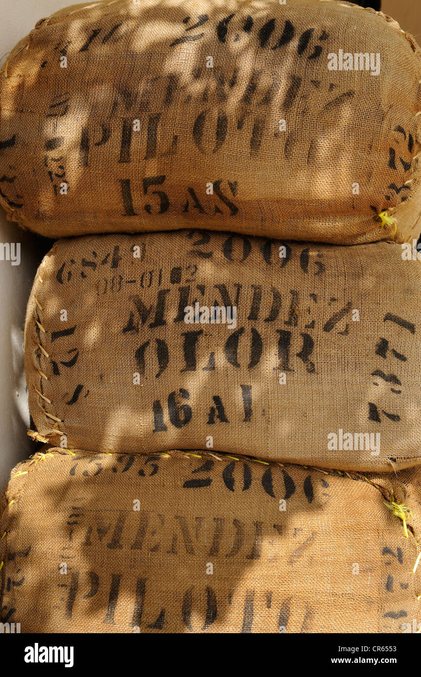 Taschen von Kaffeebohnen auf eine Kaffee-Röster, Dominikanische Republik, Karibik Stockfoto