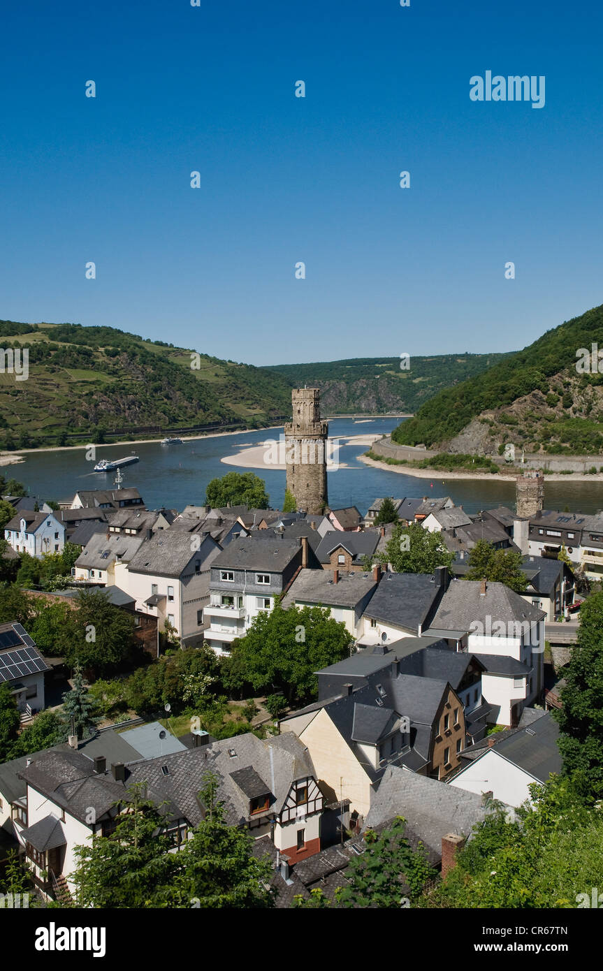 Bacharach am Rhein, mit Blick auf die Altstadt und den Rhein, Hertiage UNESCO-Weltkulturerbe, Oberes Mittelrheintal Stockfoto