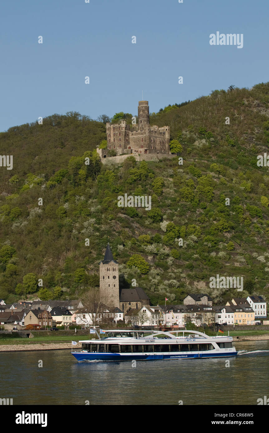Maus-Burg über den Rhein und der Loreley Vergnügungsdampfer, St. Goarshausen Wellmich Bezirk, Oberes Mittelrheintal Stockfoto