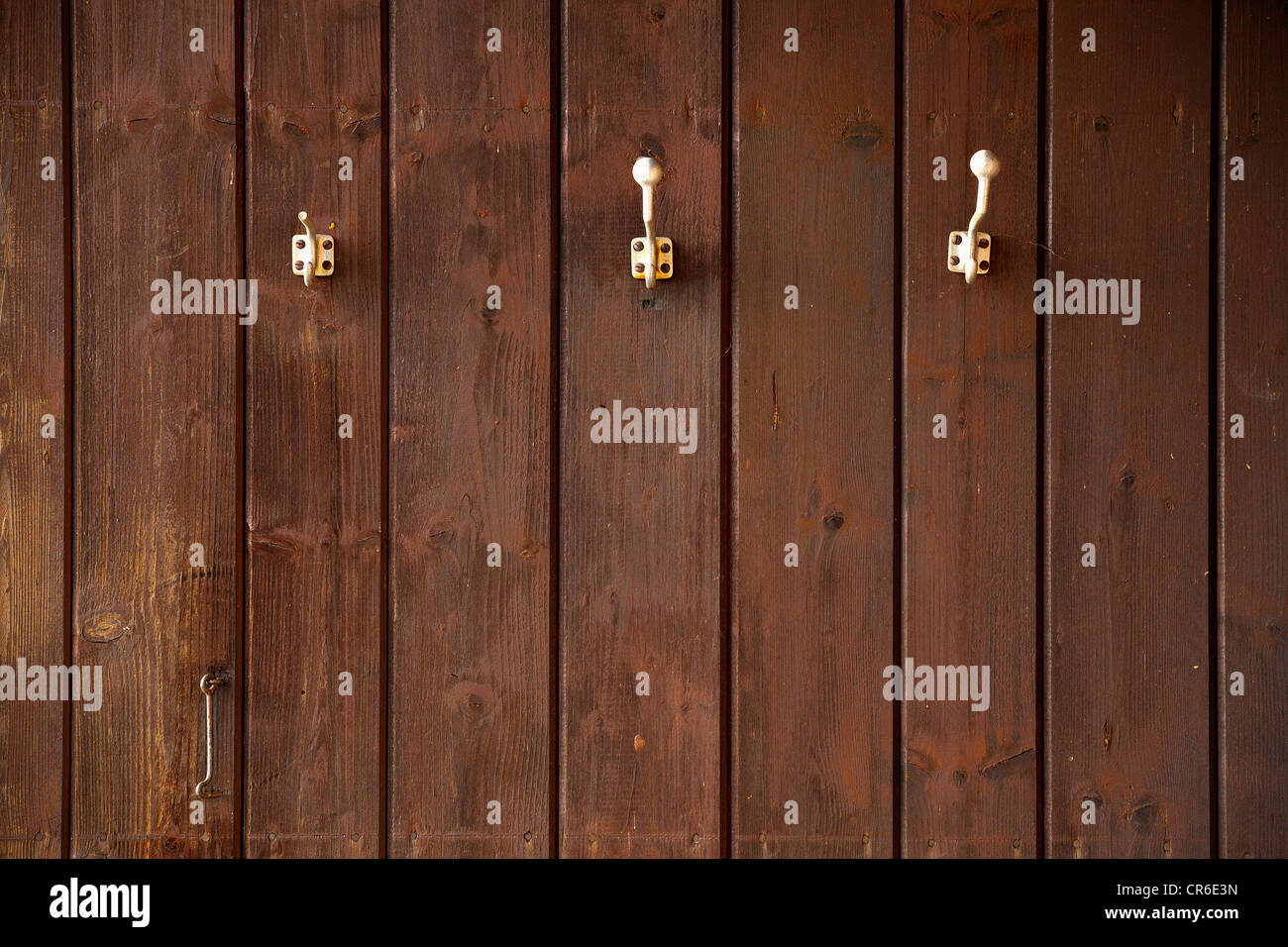 Deutschland, Bayern, Kleiderhaken an Holz Wand Stockfoto