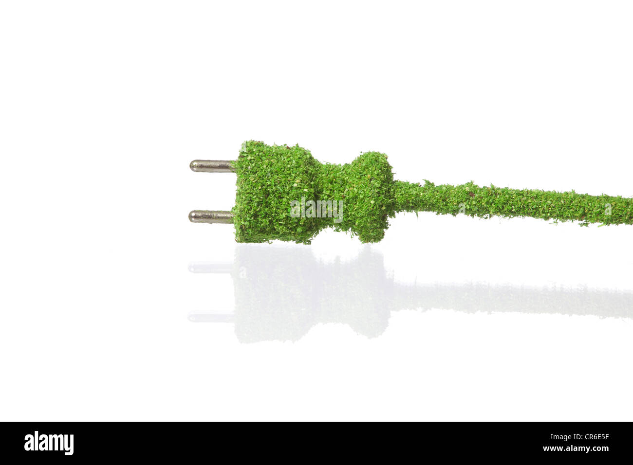 Elektrische Stecker, bedeckt mit Rasen auf weißem Hintergrund Stockfoto