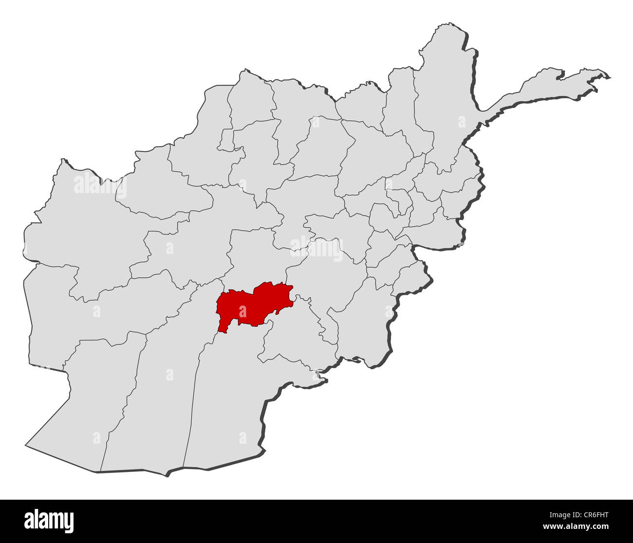 Politische Karte von Afghanistan mit den verschiedenen Provinzen, wo Urozgan markiert ist. Stockfoto