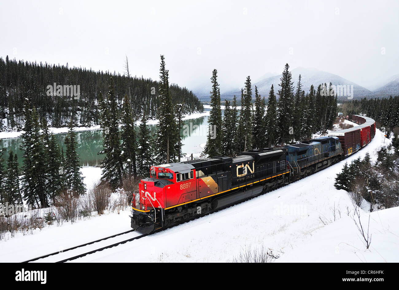 Ein Canadian National Güterzug eine Zuglast von Containern Stockfoto