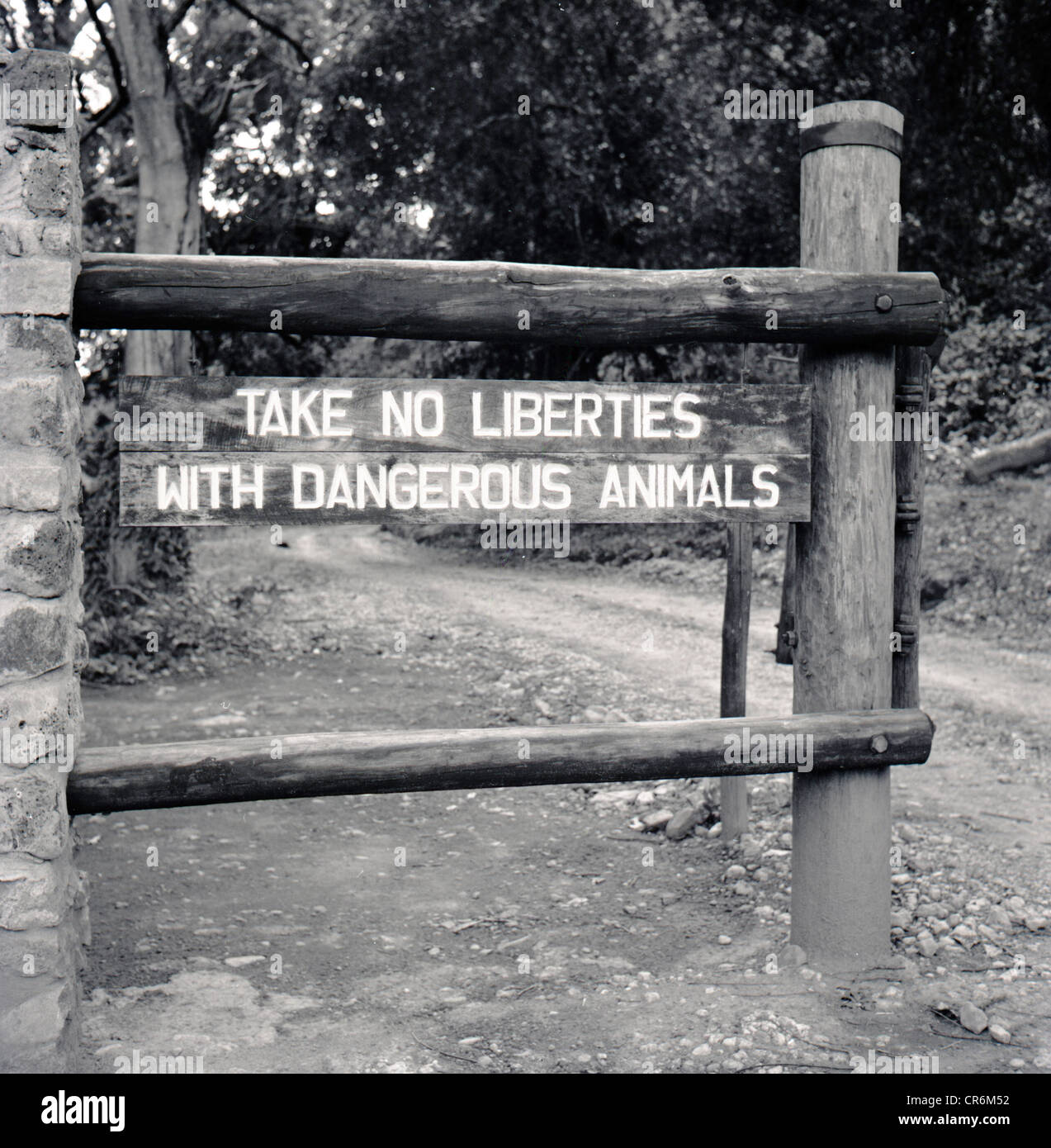 der 1950er Jahre. Geschichtsbild aus Tunesien ein Warnsignal für gefährliche Tiere am Eingang zu einem Wald. Stockfoto