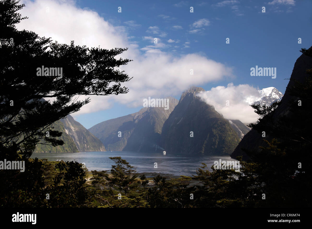 Milford Sound Landschaft, Southland, Südinsel, Neuseeland Stockfoto