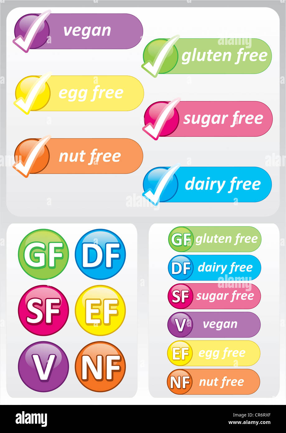 Auswahl an bunten Nahrung Allergie Labels wie Gluten, Nuss, Milchprodukte, Zucker und Ei frei Stockfoto
