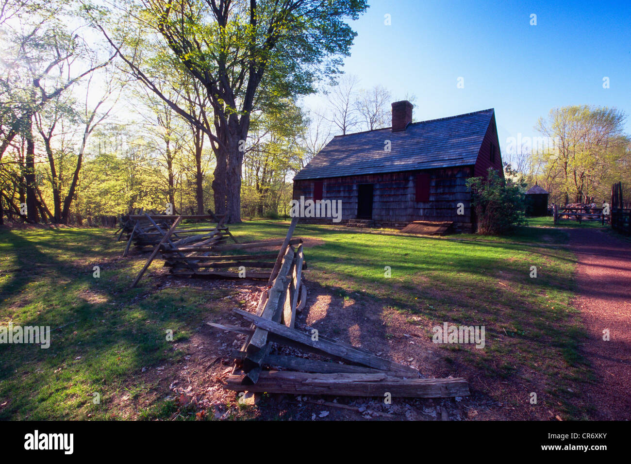 Frühlingsmorgen am historischen Docht Bauernhaus, Jockey Hollow State Park, Morristown, New Jersey Stockfoto