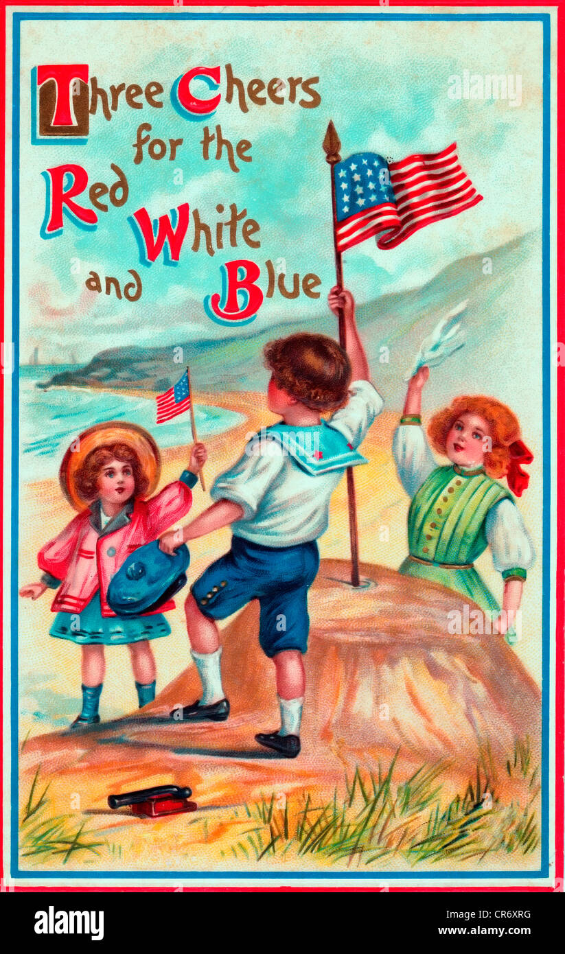 Drei Beifall für die rot, weiß und blau - Vintage USA Fourth Of July-Karte Stockfoto