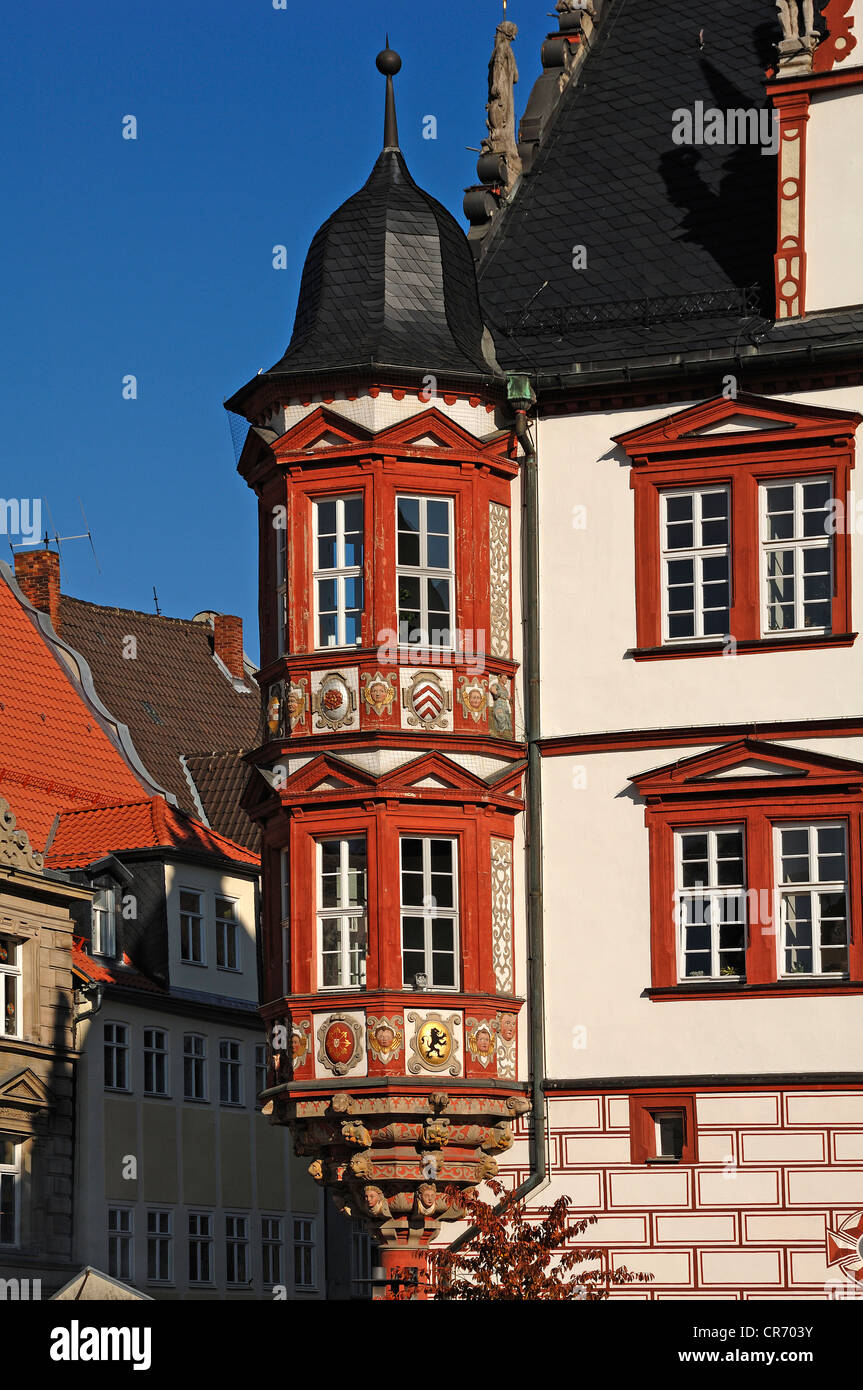 Zweigeschossige polygonalen Coburg-Erker am Stadthaus Gebäude, erbaut Renaissancebau von 1597-1601, Coburg, Oberfranken Stockfoto Zweigeschossige polygonalen Coburg-Erker am Stadthaus Gebäude, erbaut Renaissancebau von 1597-1601, Coburg, Oberfranken Stockfoto